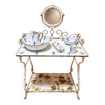 Table de toilette style Napoléon III en fer forgé et émail – décor fleurs de lys