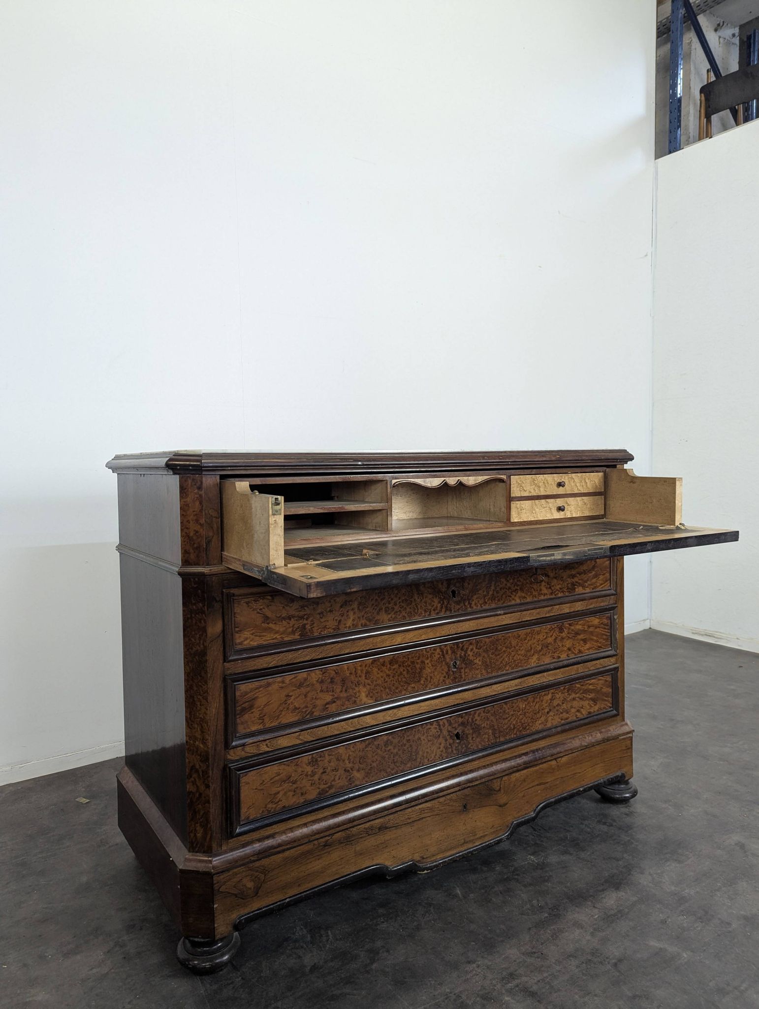 Elm burl and rosewood secretary chest of drawers