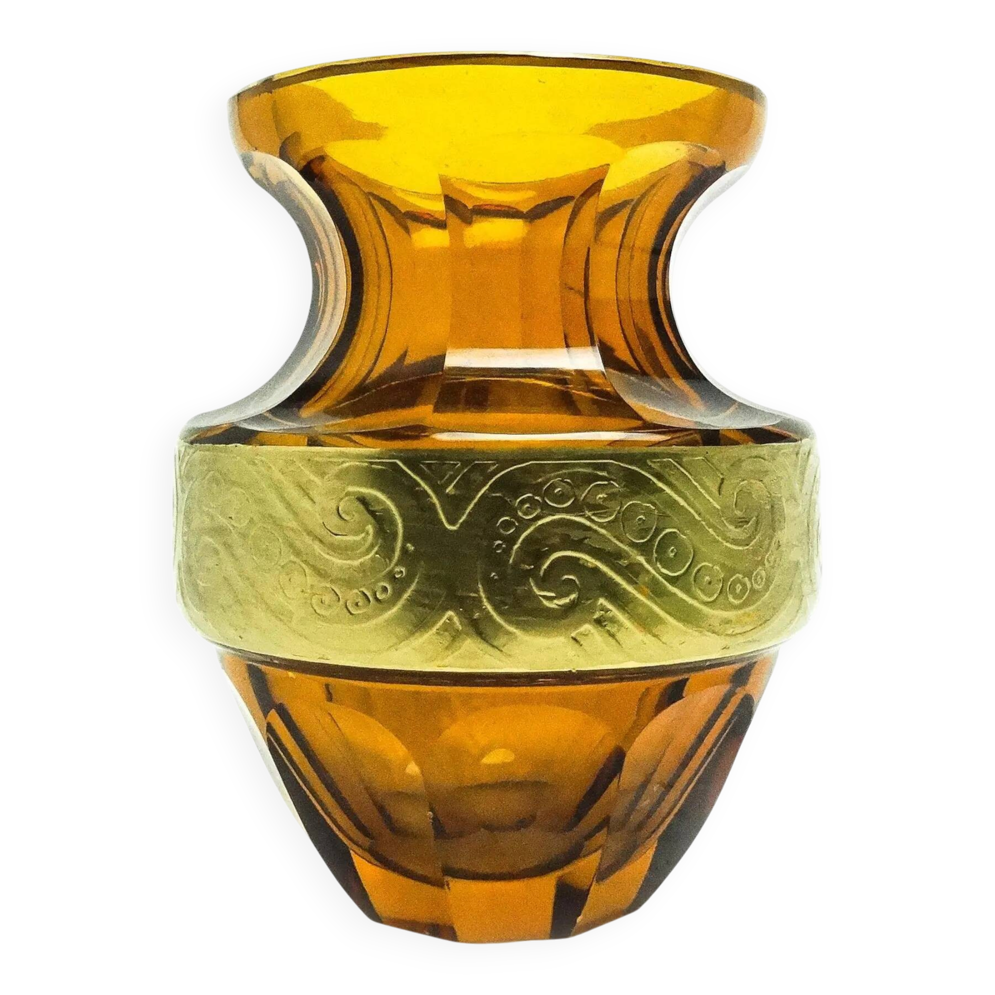 Art Deco vase, honey crystal oroplastic, Moser, Czechoslovakia, 1930s