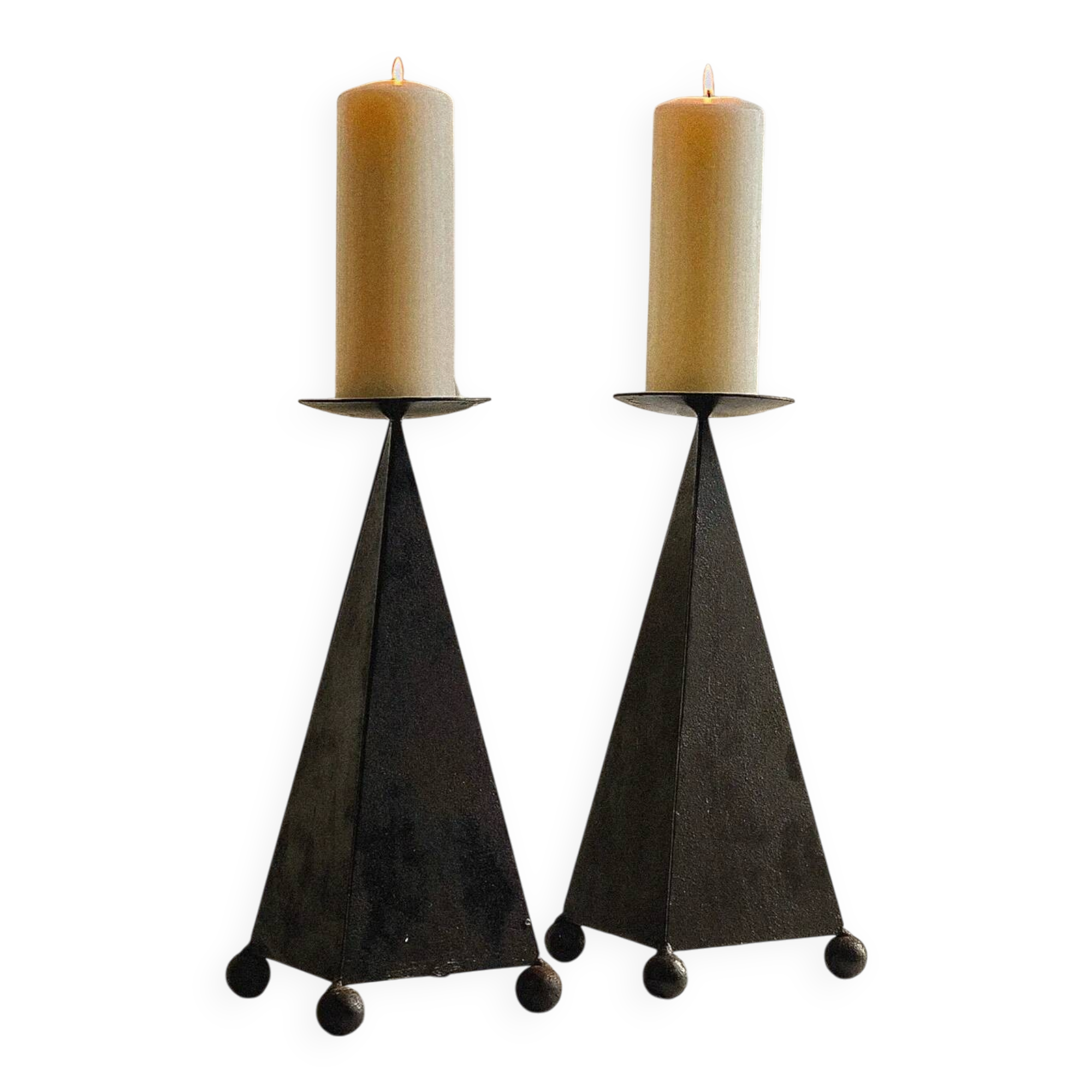Pair of pyramid-shaped candlesticks in blackened metal (brutalism)