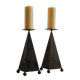 Pair of pyramid-shaped candlesticks in blackened metal (brutalism)