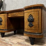 Curved Art Deco period center desk in clear magnifying glass and black lacquer circa 1925