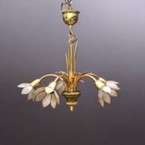 Vintage chandelier in gold metal and mother-of-pearl petals - 5 branches