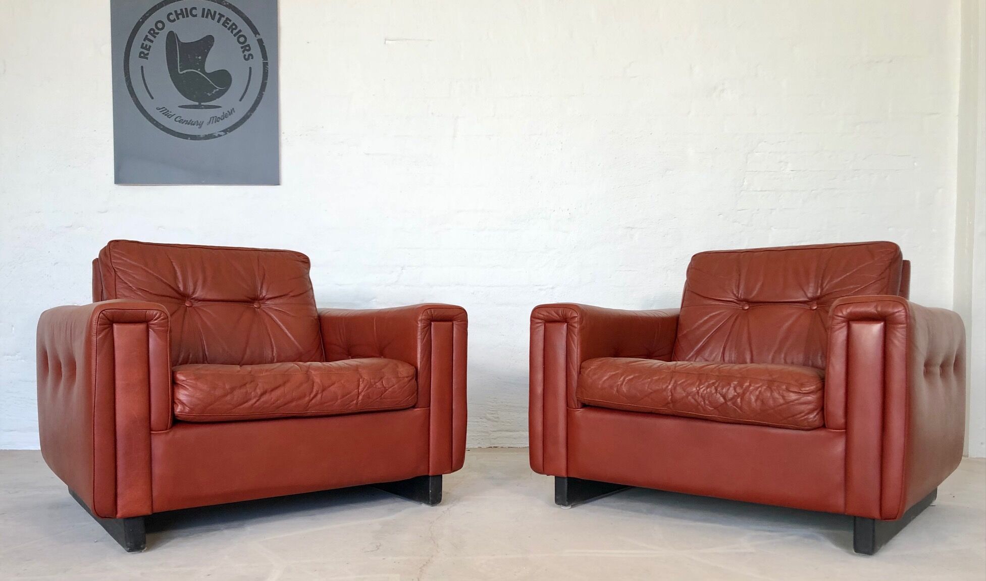Vintage danish mid century cognac leather lounge chairs 1970,s