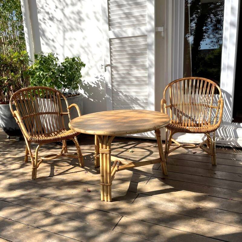Audoux-Minnet rattan lounge set, 2 armchairs and table 1950-1960