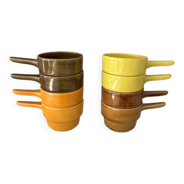 Ensemble de 8 tasses à café en céramique empilables vintage avec poignées – années 1970