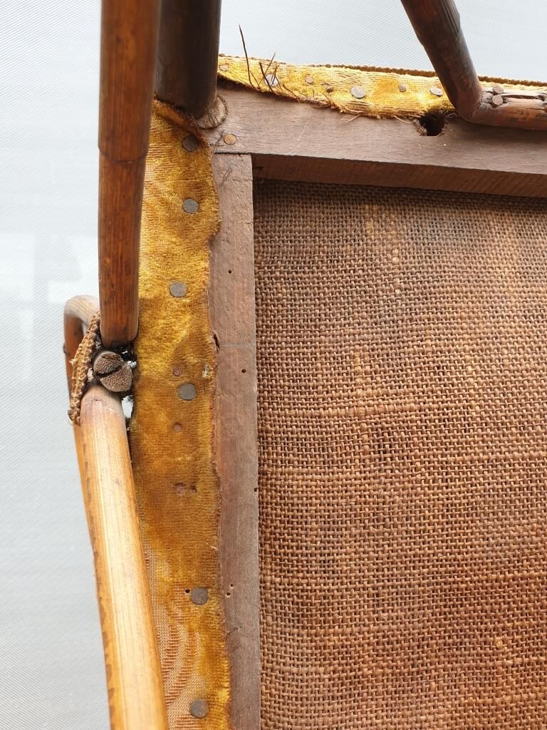 Children's armchair 1890 Chestnut, Rattan and damask velvet