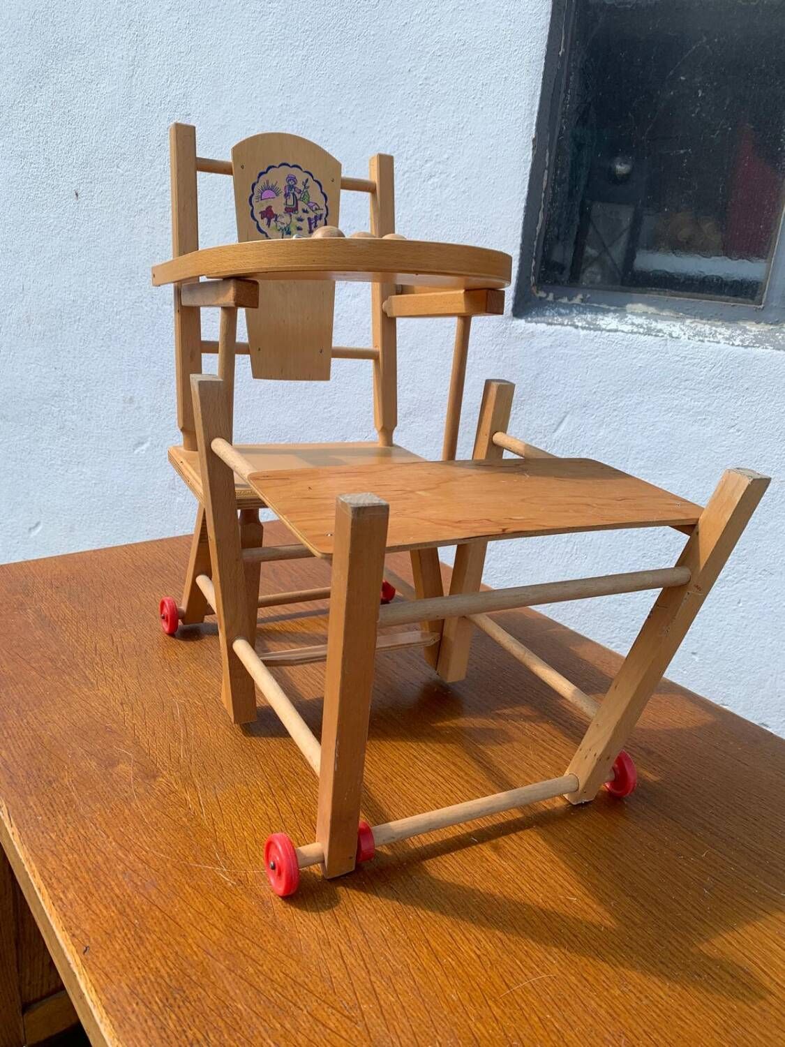 Vintage wooden toy doll high chair from the 70s