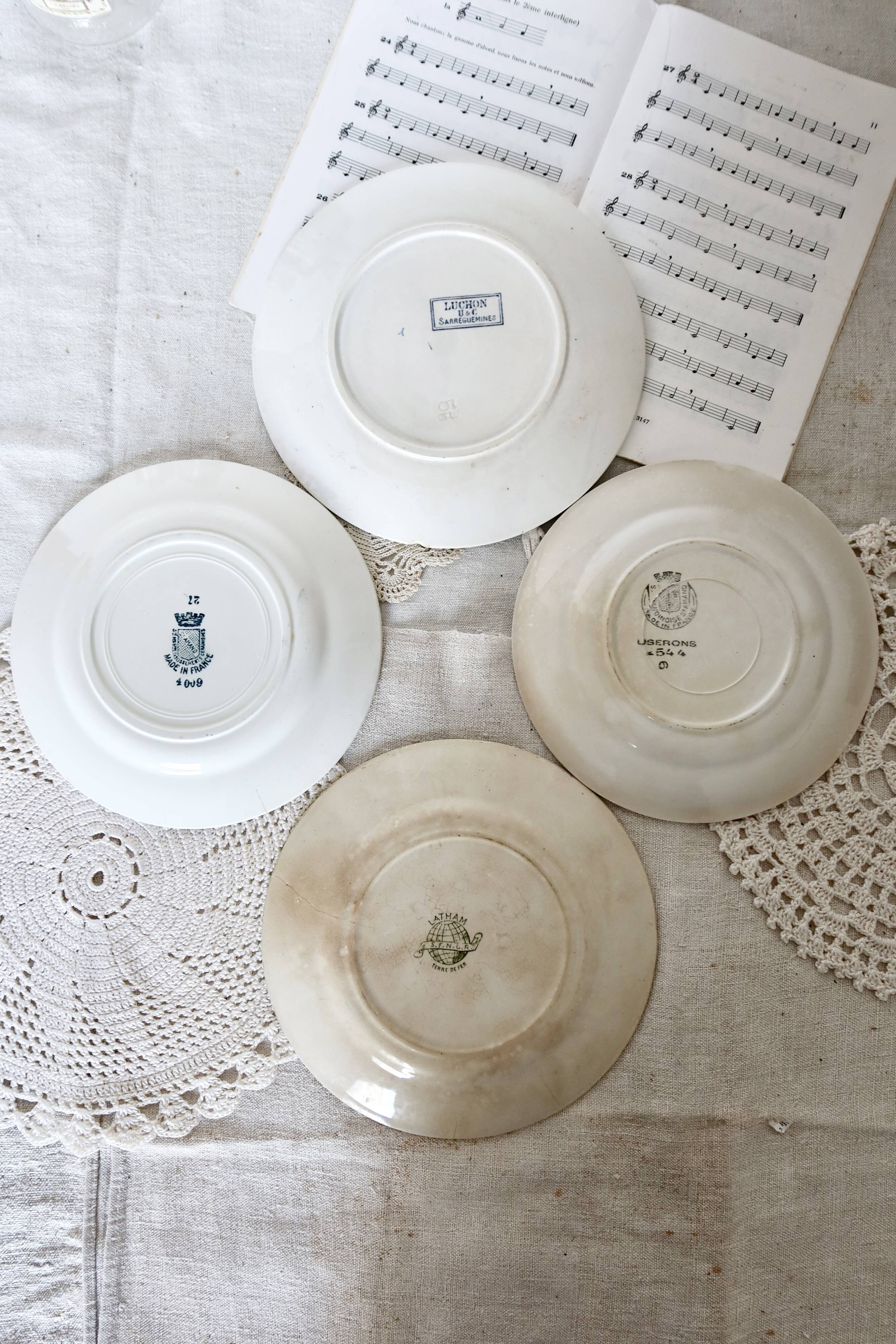 4 mismatched white and green ironstone dessert plates Arabesque set