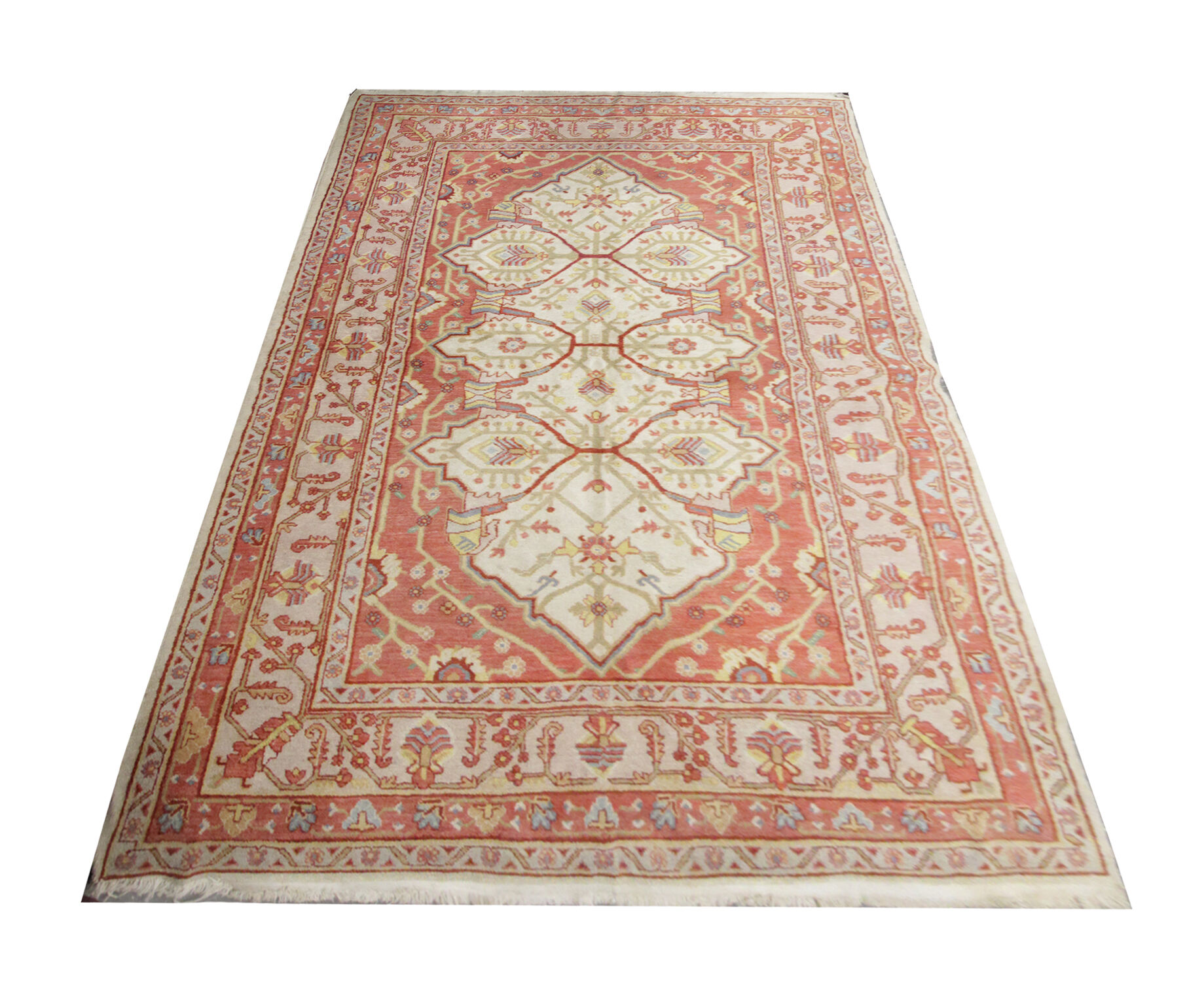 Vintage turkish, oriental orange cream wool rug- 154x244cm