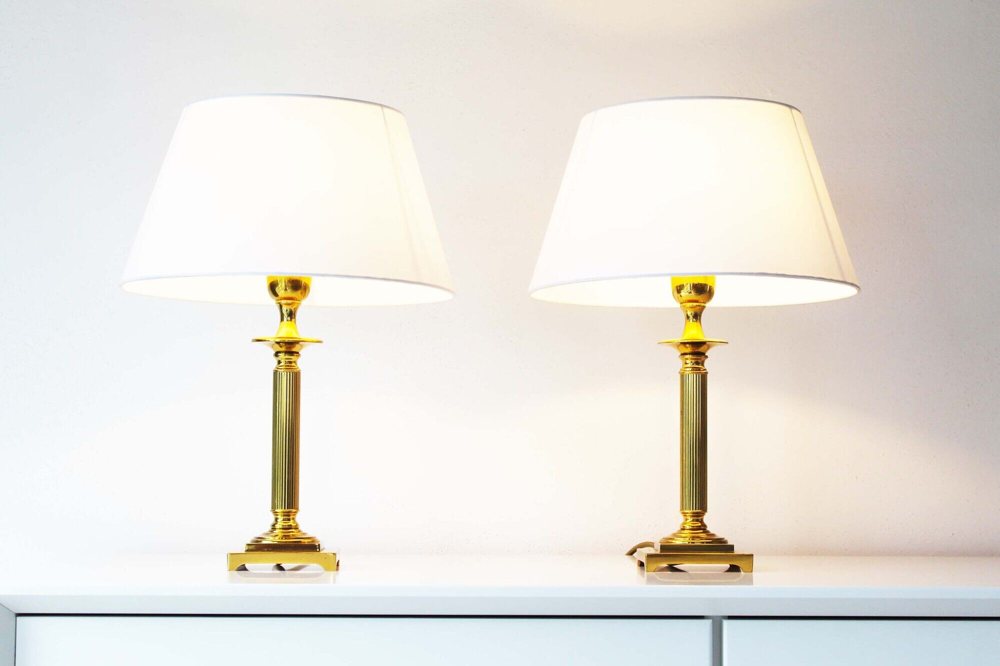 Vintage pair of Brass Column Table Lamps - 1970's Hollywood Regency Lamps