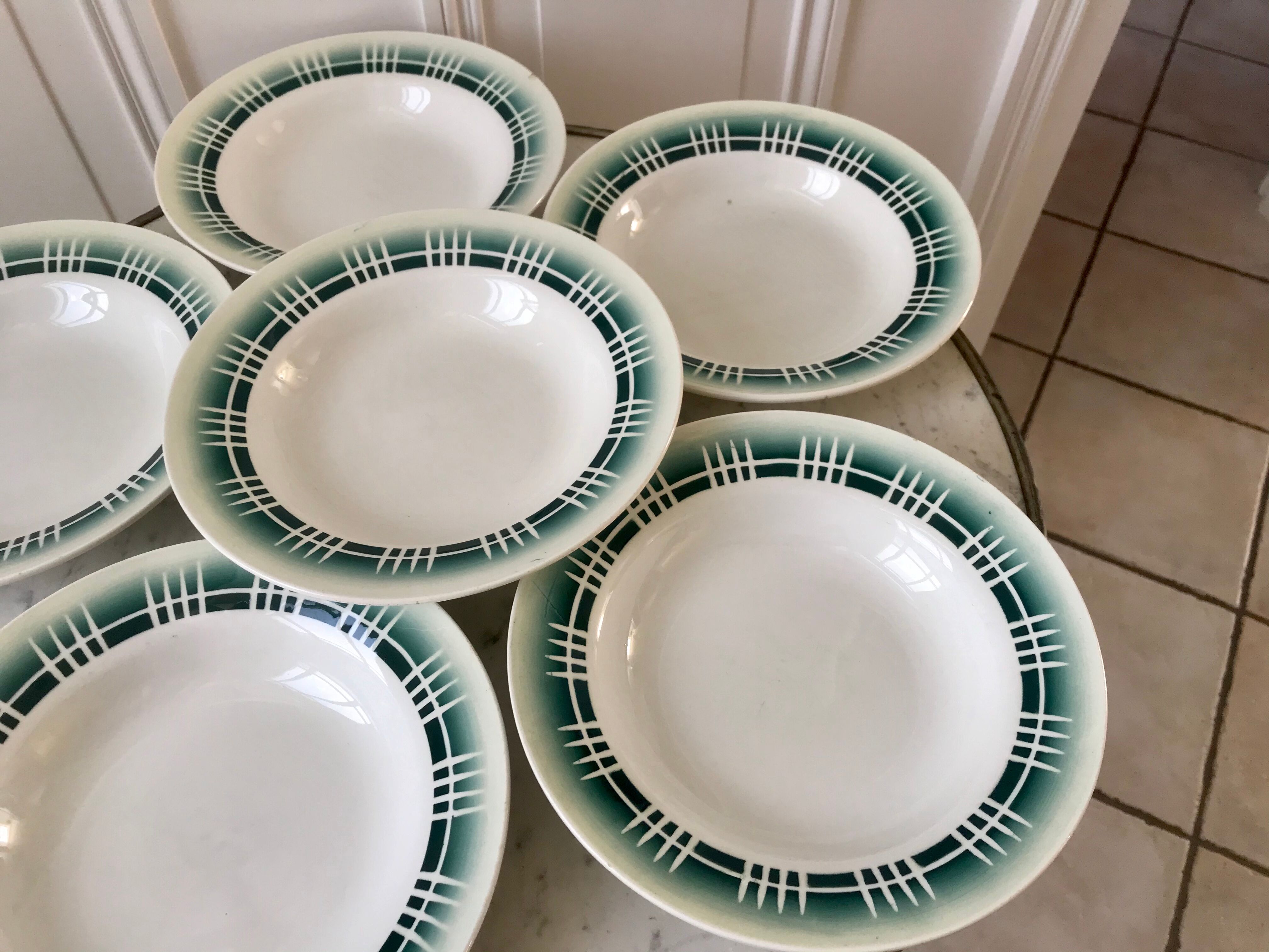 Set of 6 green hollow plates Digoin Sarreguemines 30s