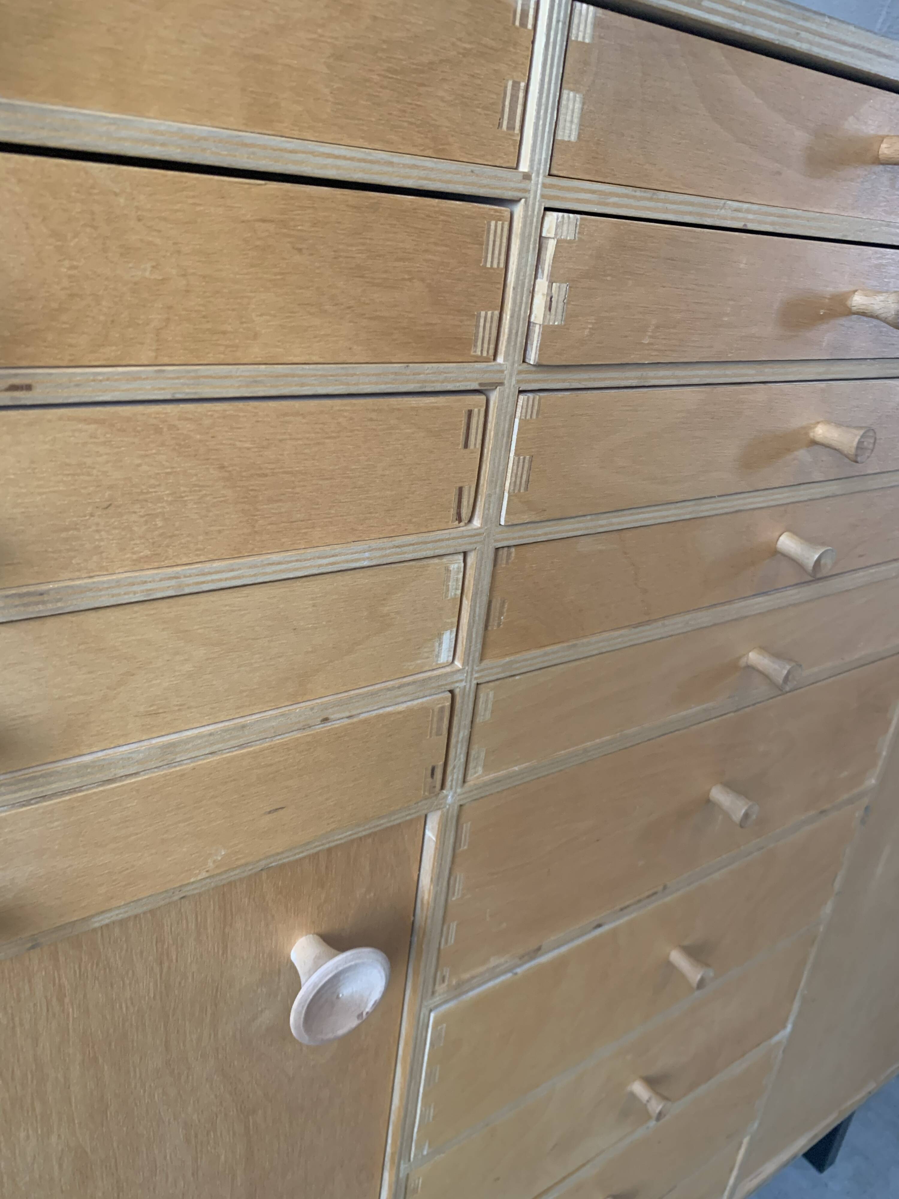 Vintage 20-drawer craft cabinet, 1960s in raw wood