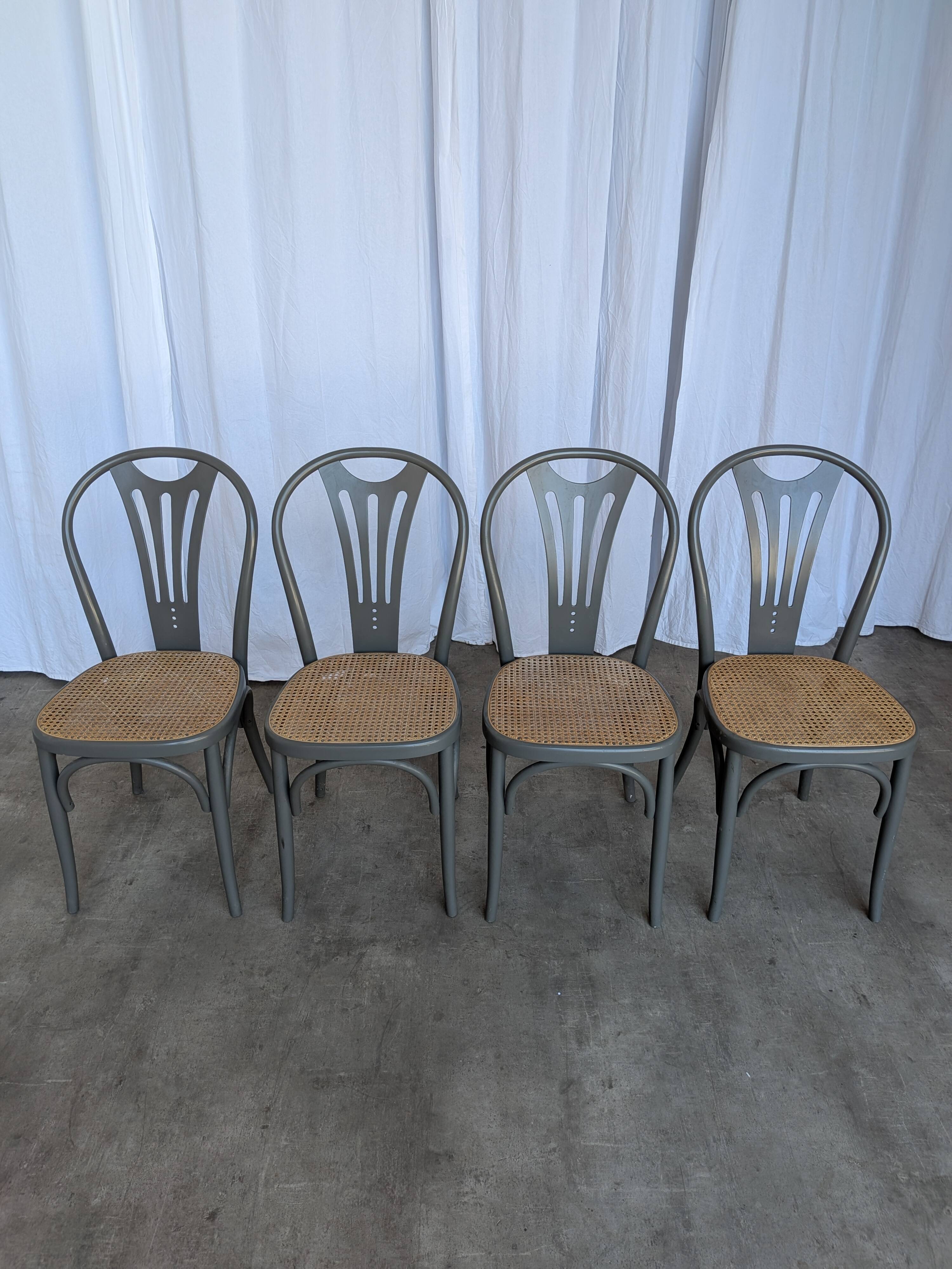 Set of 4 Vintage Gray Thonet Style Dining Chairs with Cane Seat