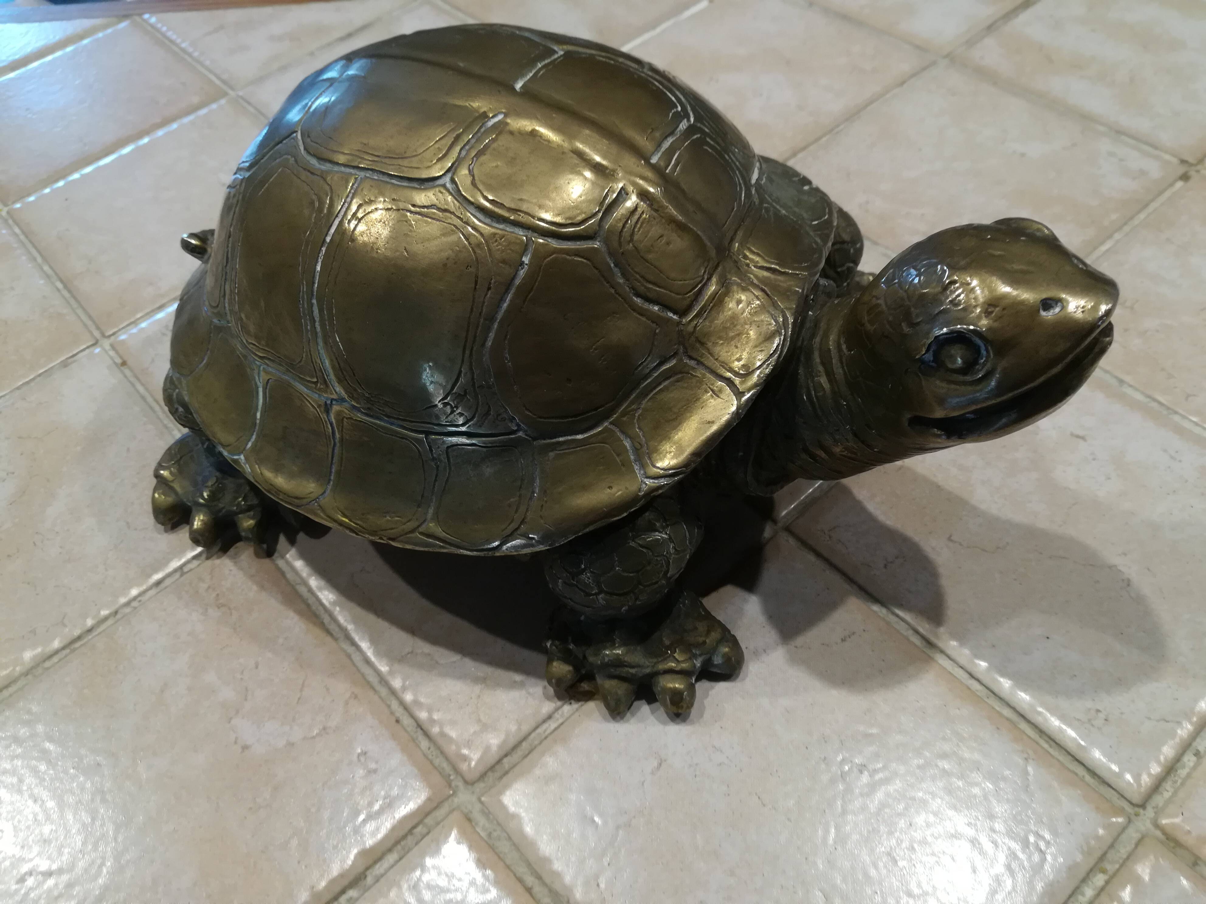 20th century brass turtle with golden patina