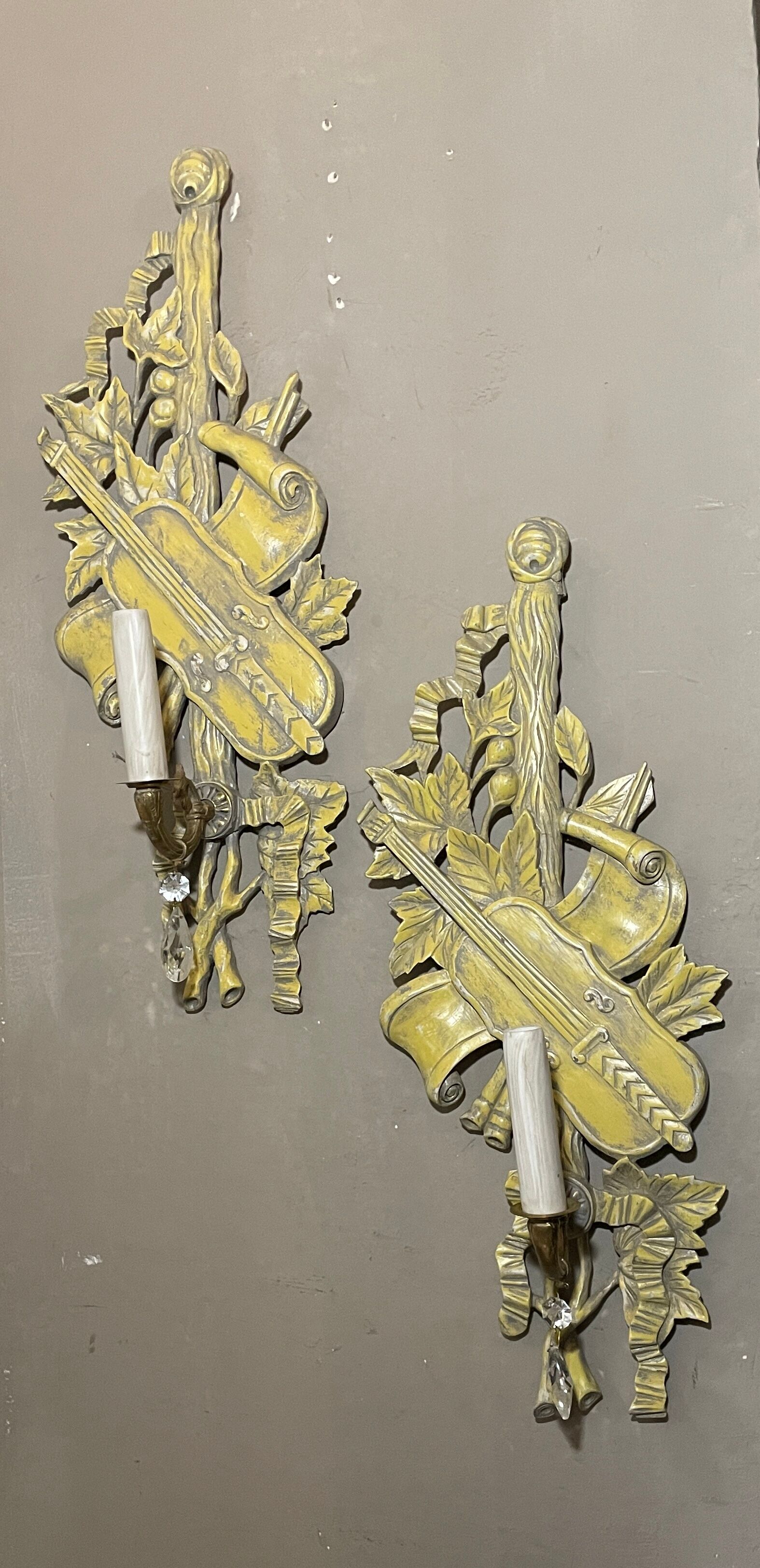 Walnut wood wall lamps, painted in yellow patina grey