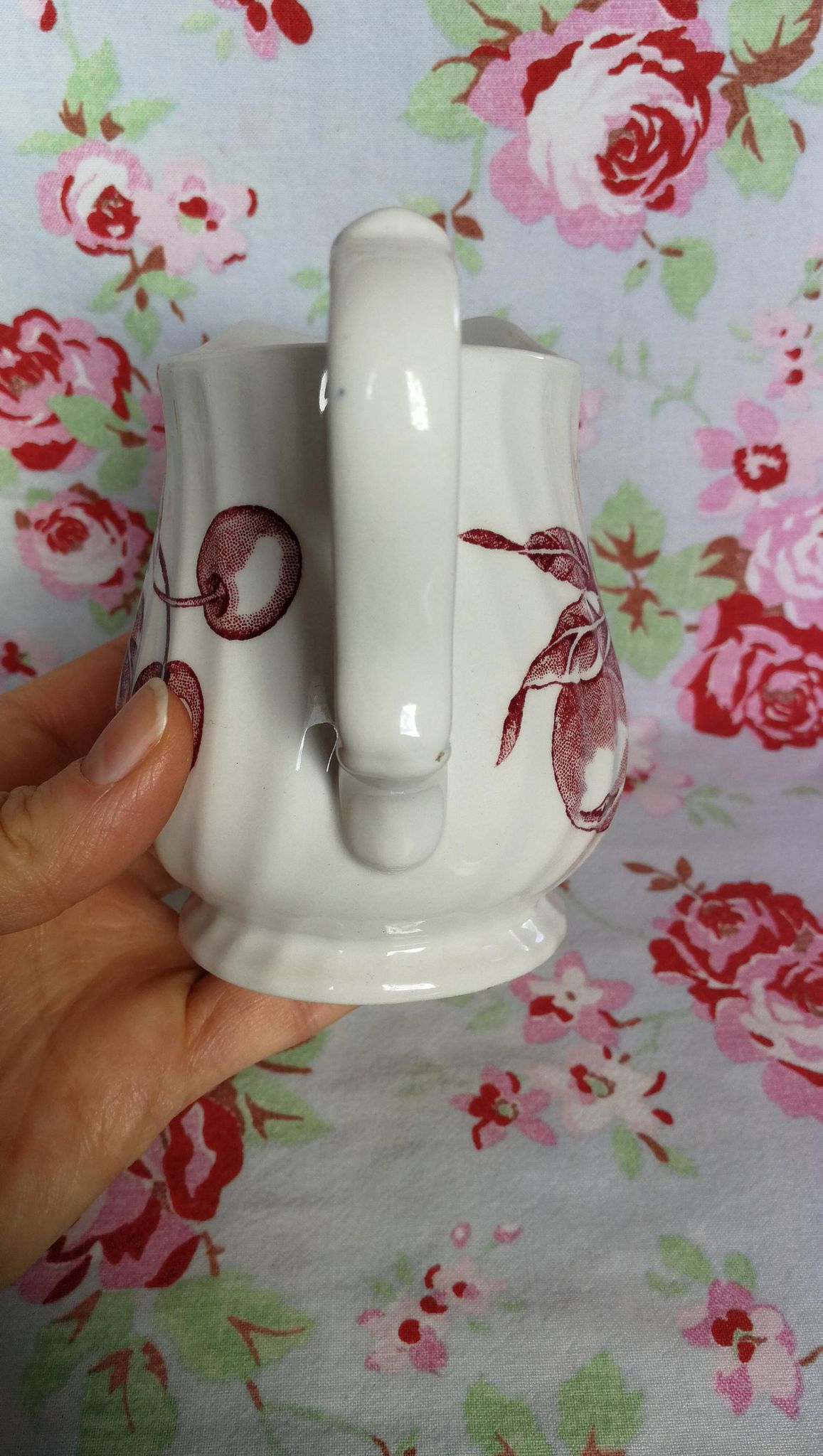 Milk Pitcher Wood & Sounds England, red pear cherry fruit patterns, made in England