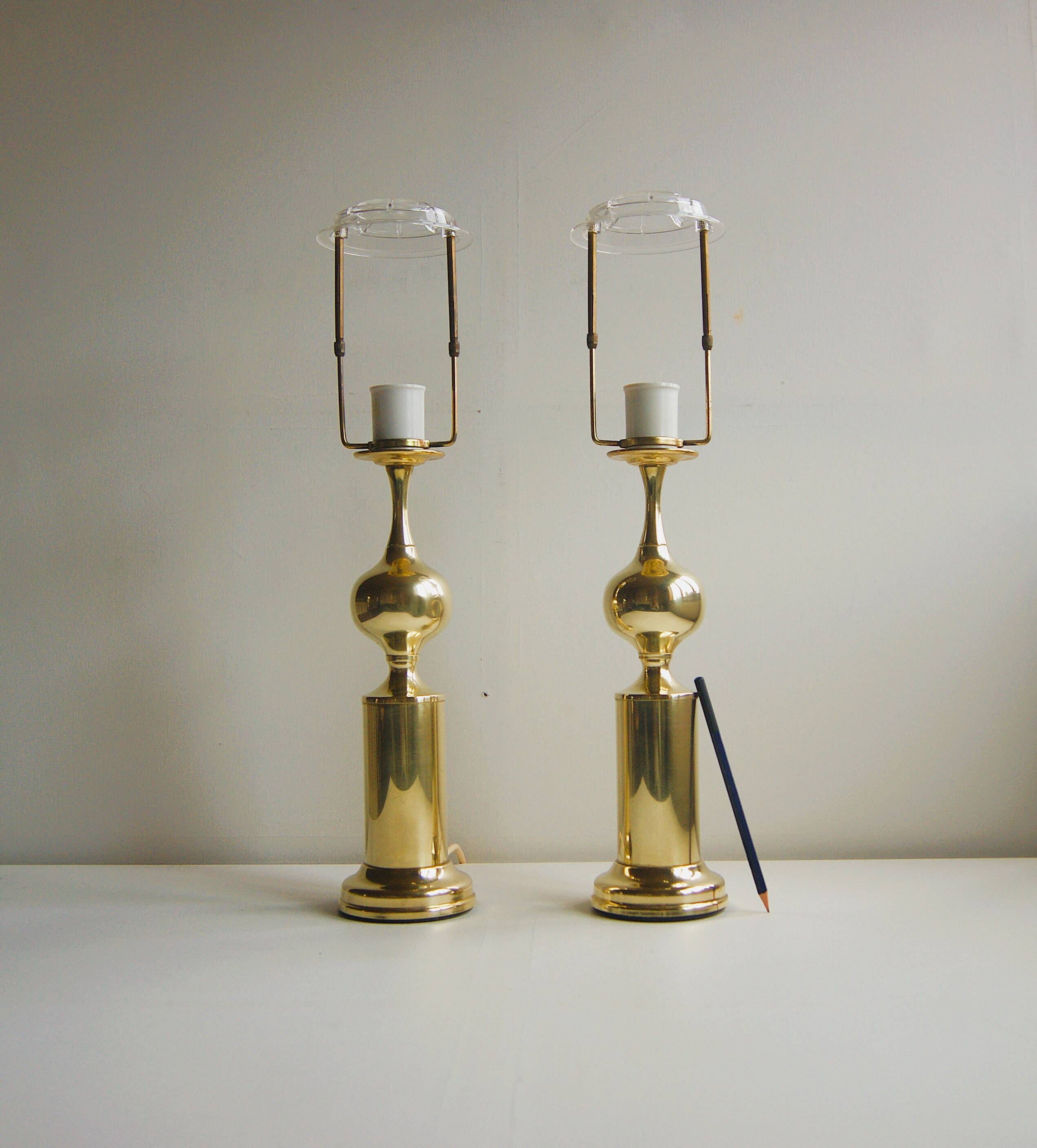 Paire de lampes de table en laiton brillant - Hollywood Regency - Odreco. Danemark années 1960.