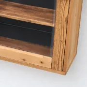 Antique wall display cabinet in natural wood and black – small glass-fronted collector's piece.