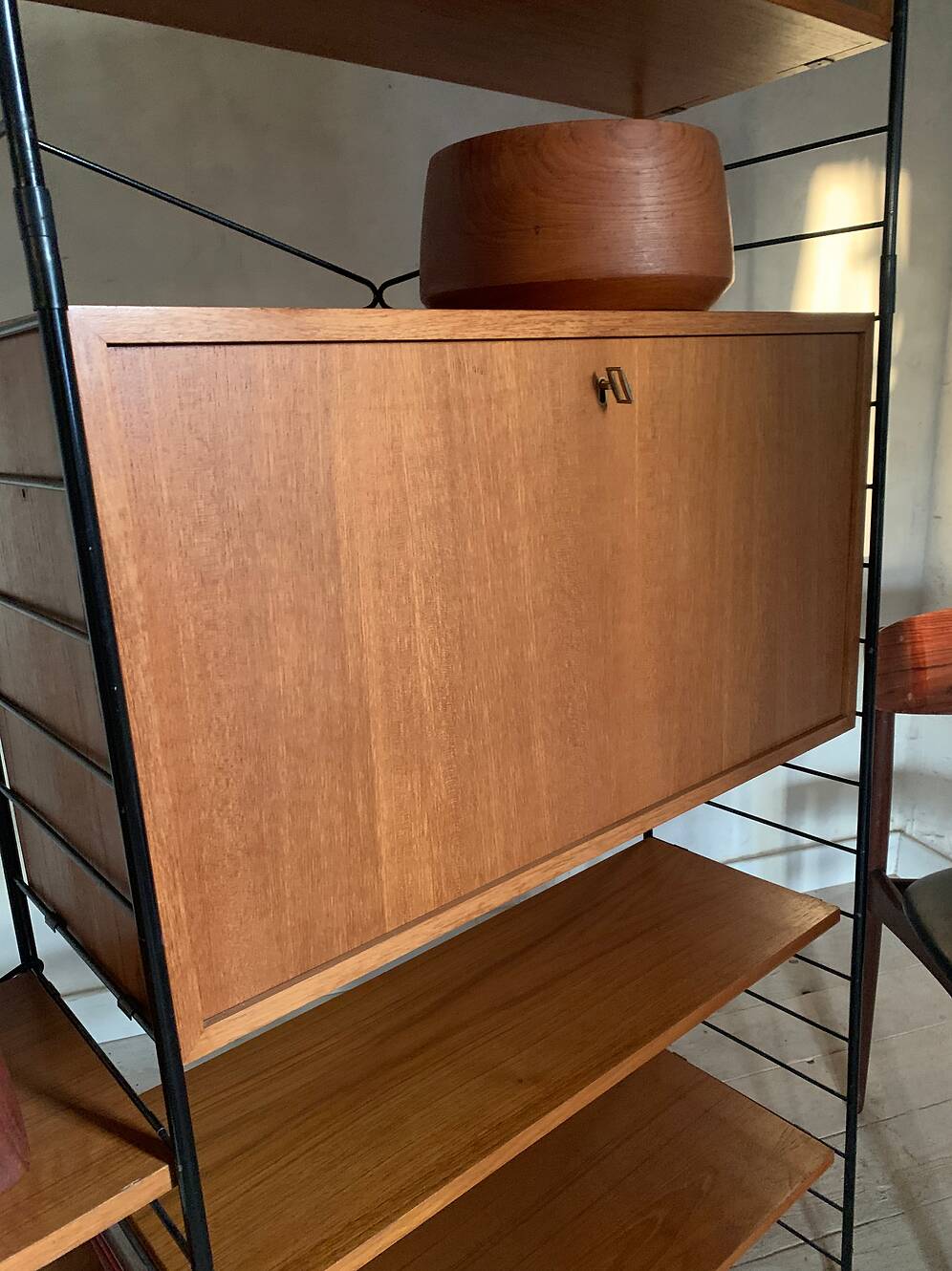 Vintage Scandinavian wire-framed metal and teak secretary bookcase set