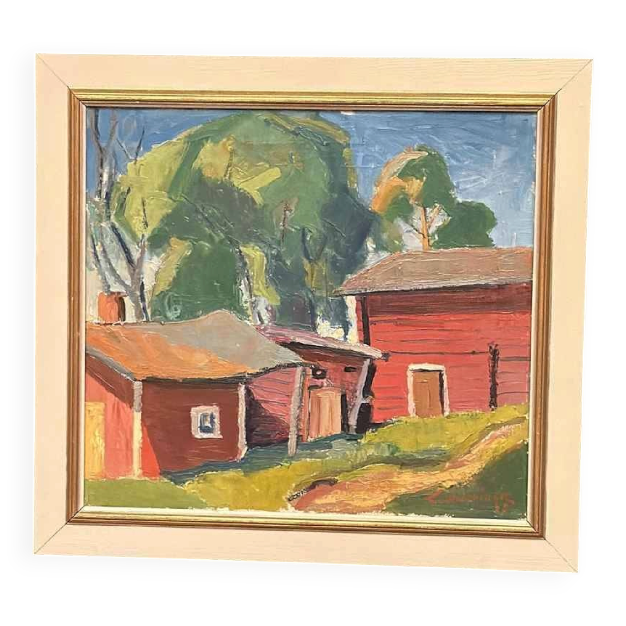 Original Swedish Oil On Canvas – “Red Barns” By L. Wuariner – Vintage & Framed
