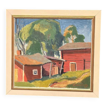 Huile sur toile originale suédoise – « Granges rouges » par L. Wuariner – Vintage et encadrée