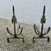 Pair of modernist andirons in forged and hammered steel, French work