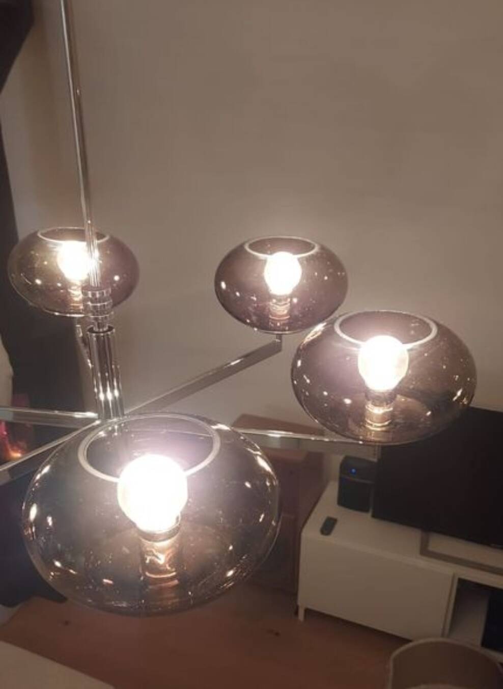 6-light chandelier  Sciolari, chrome and smoked glass