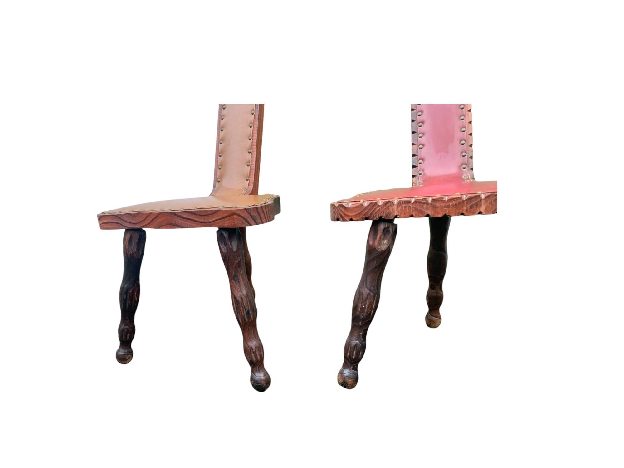 Pair of vintage French three-legged chairs with Breton style backrest, wooden seat 1960s