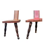 Pair of vintage French three-legged chairs with Breton style backrest, wooden seat 1960s