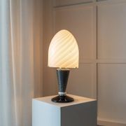 Murano Glass Mushroom Table Lamp with silver accents, black-and-white swirl, Space Age 1970s