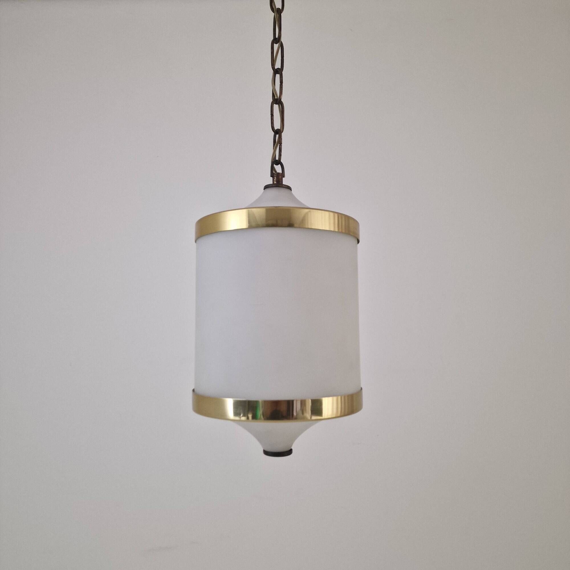 Mid-Century Italian Opaline Glass, Acrylic & Brass Pendant Light – 1960s