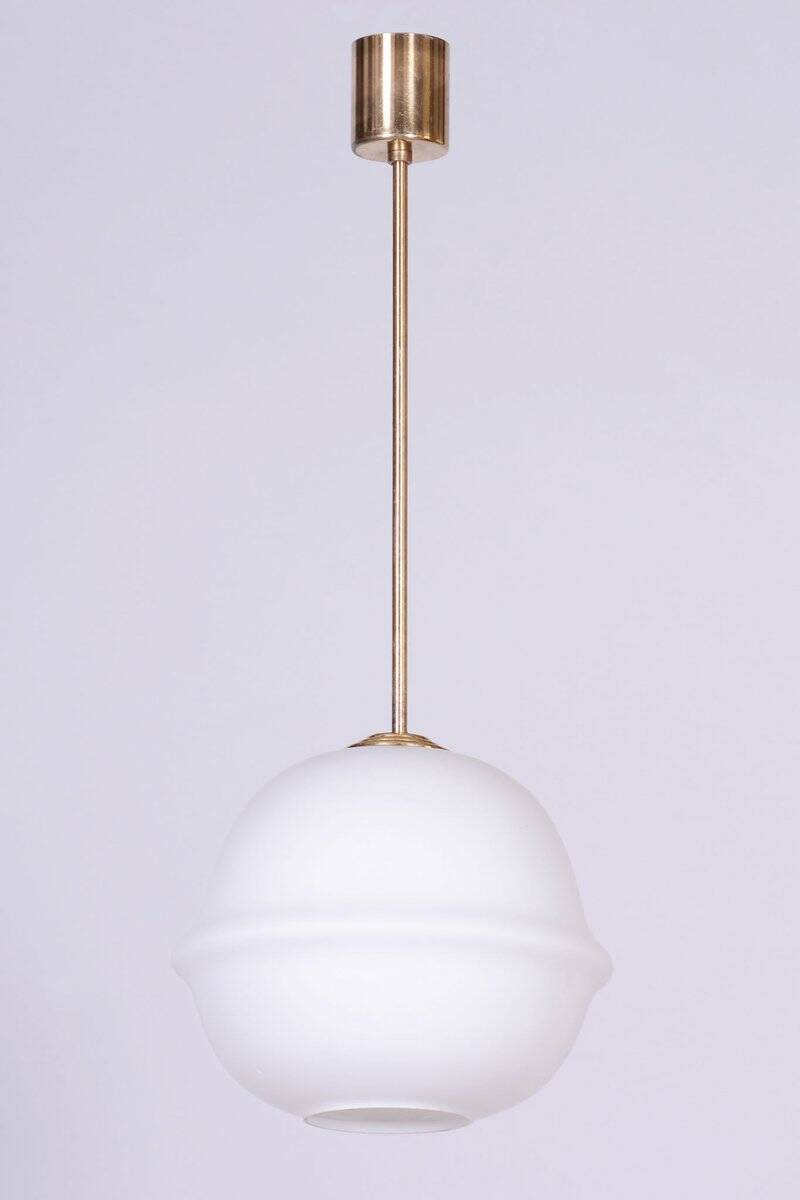 Mid-Century Modern Pendant Light in Brass and Opaline Glass from Kamenický Šenov, 1960s