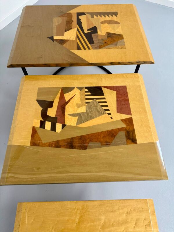 Table basse gigogne marqueterie géométrique design italien vintage