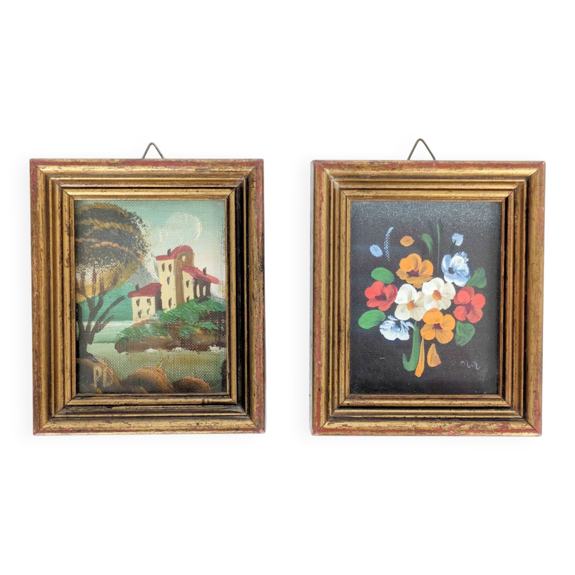 Pair of small Italian oil paintings, flowers and landscape.