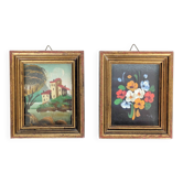 Pair of small Italian oil paintings, flowers and landscape.