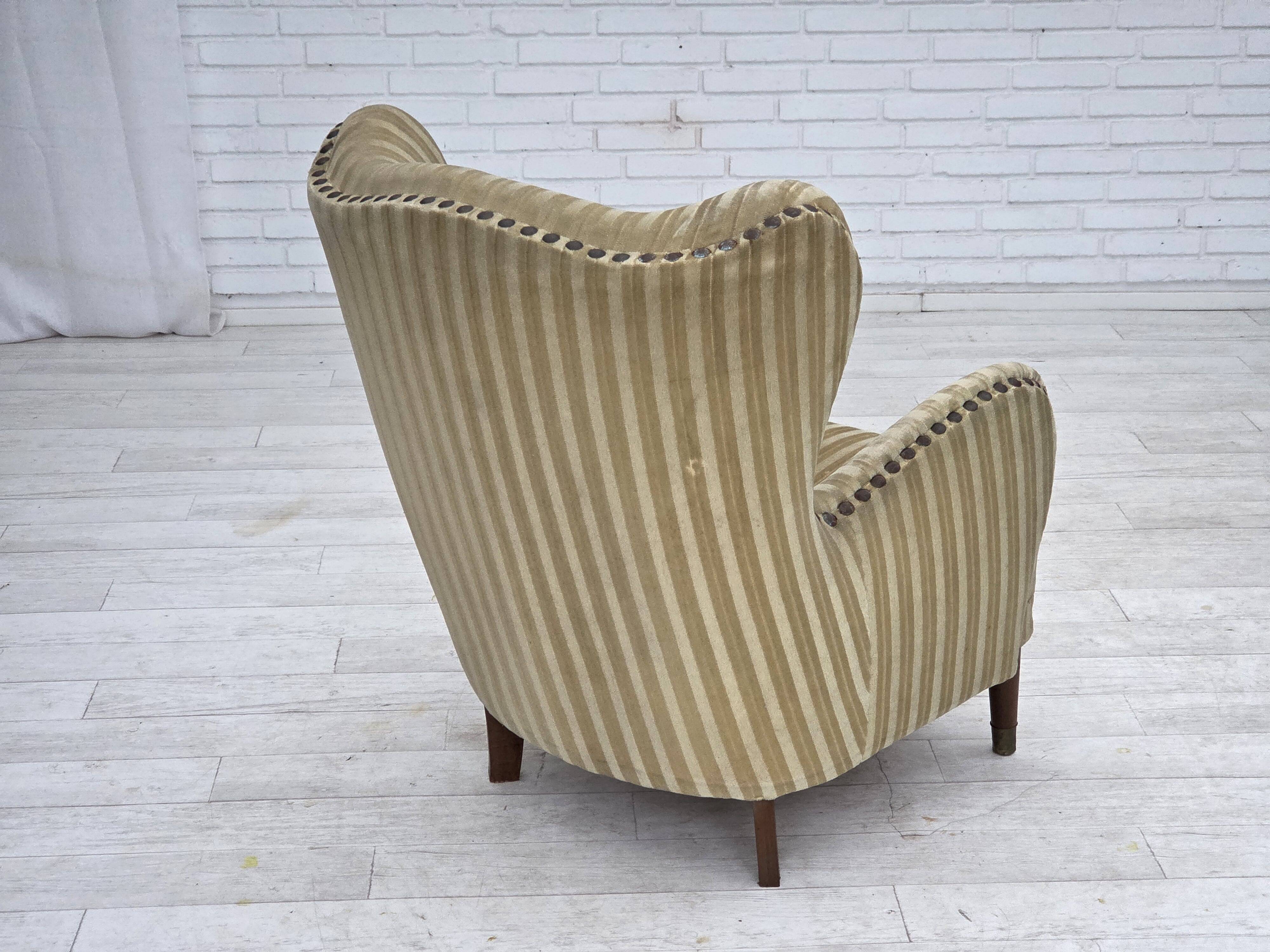 1960s, Danish armchair, light green furniture velour, beech wood.