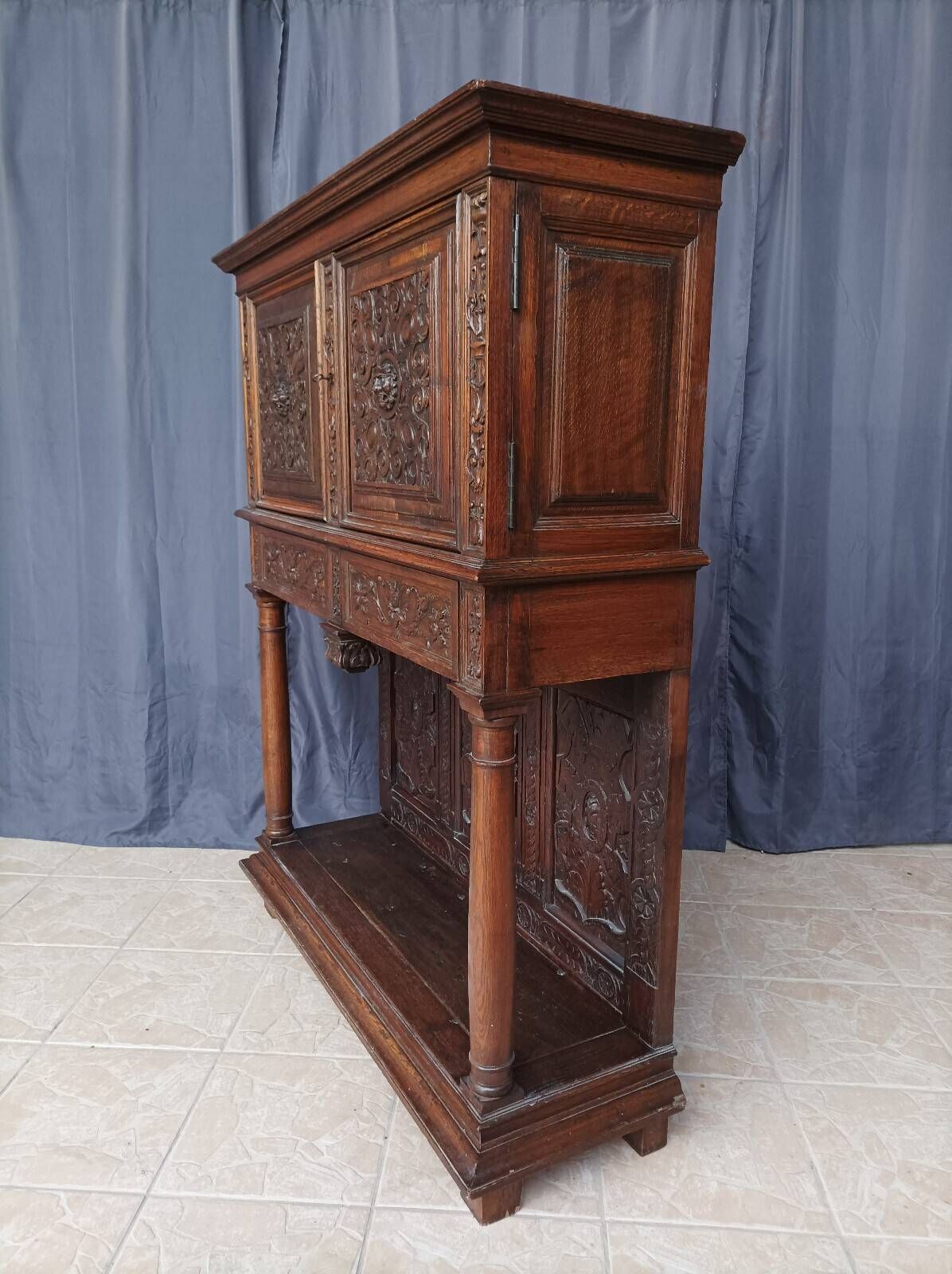 Renaissance oak carved buffet cabinet