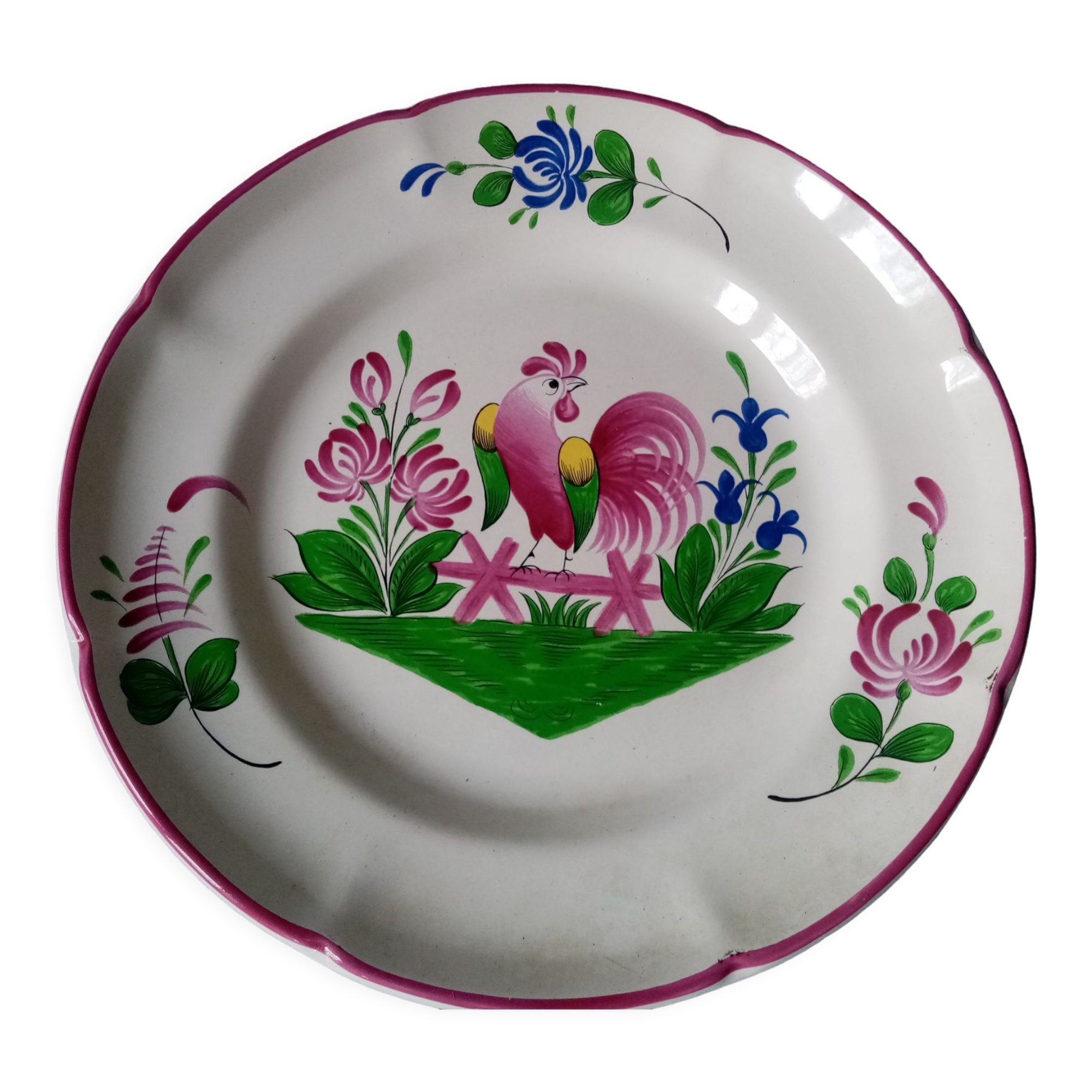 Hand-painted plate decorated with saint clement rooster signed