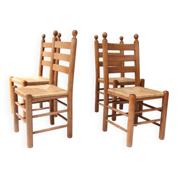 Ensemble de quatre chaises à dossier échelle françaises avec sièges en paille – vers 1960