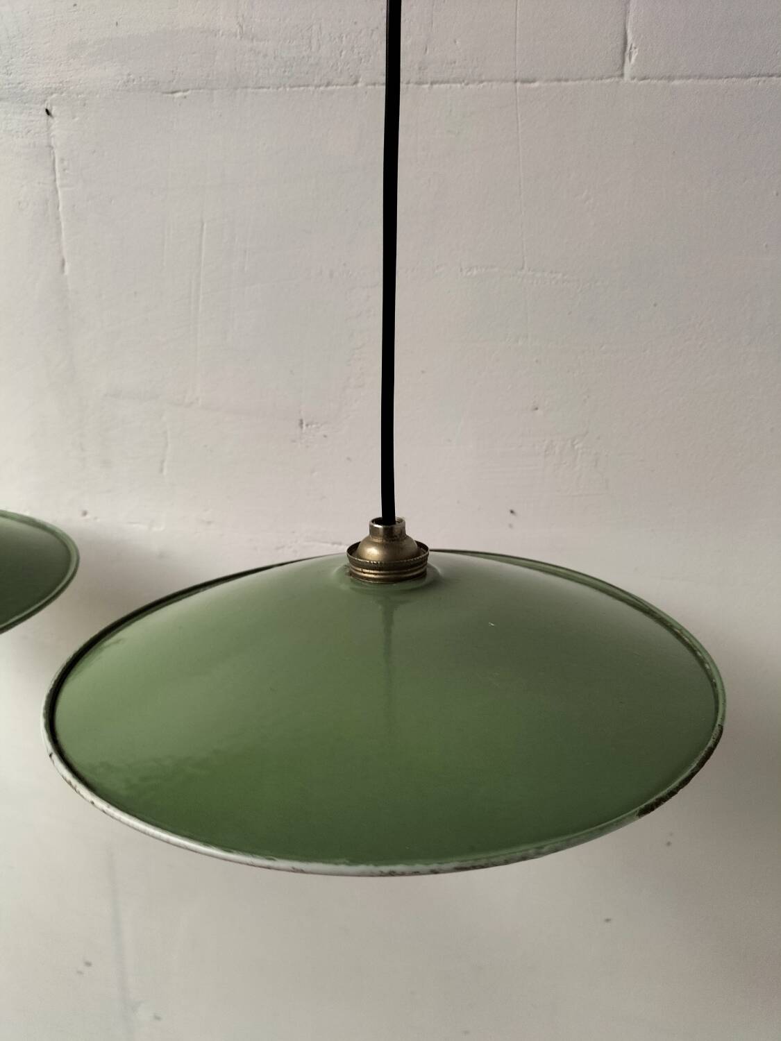Pair of enamelled metal pendant lights