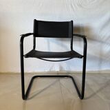 Set of 12 vintage chairs in black leather and tubular steel – Italy, 1970s