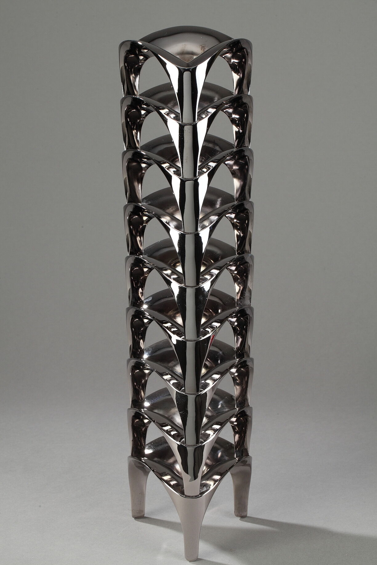 Set of 9 modular candle holders in chromed metal, nagel germany