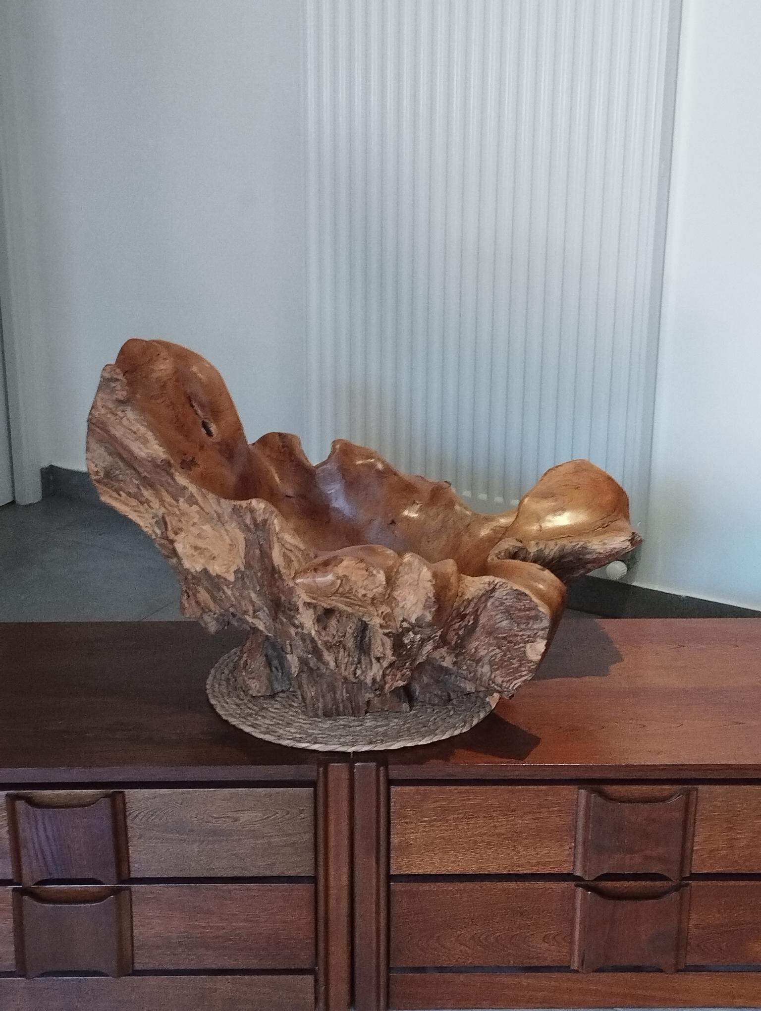 Sculptural wooden centrepiece, organic bowl, brutalist.