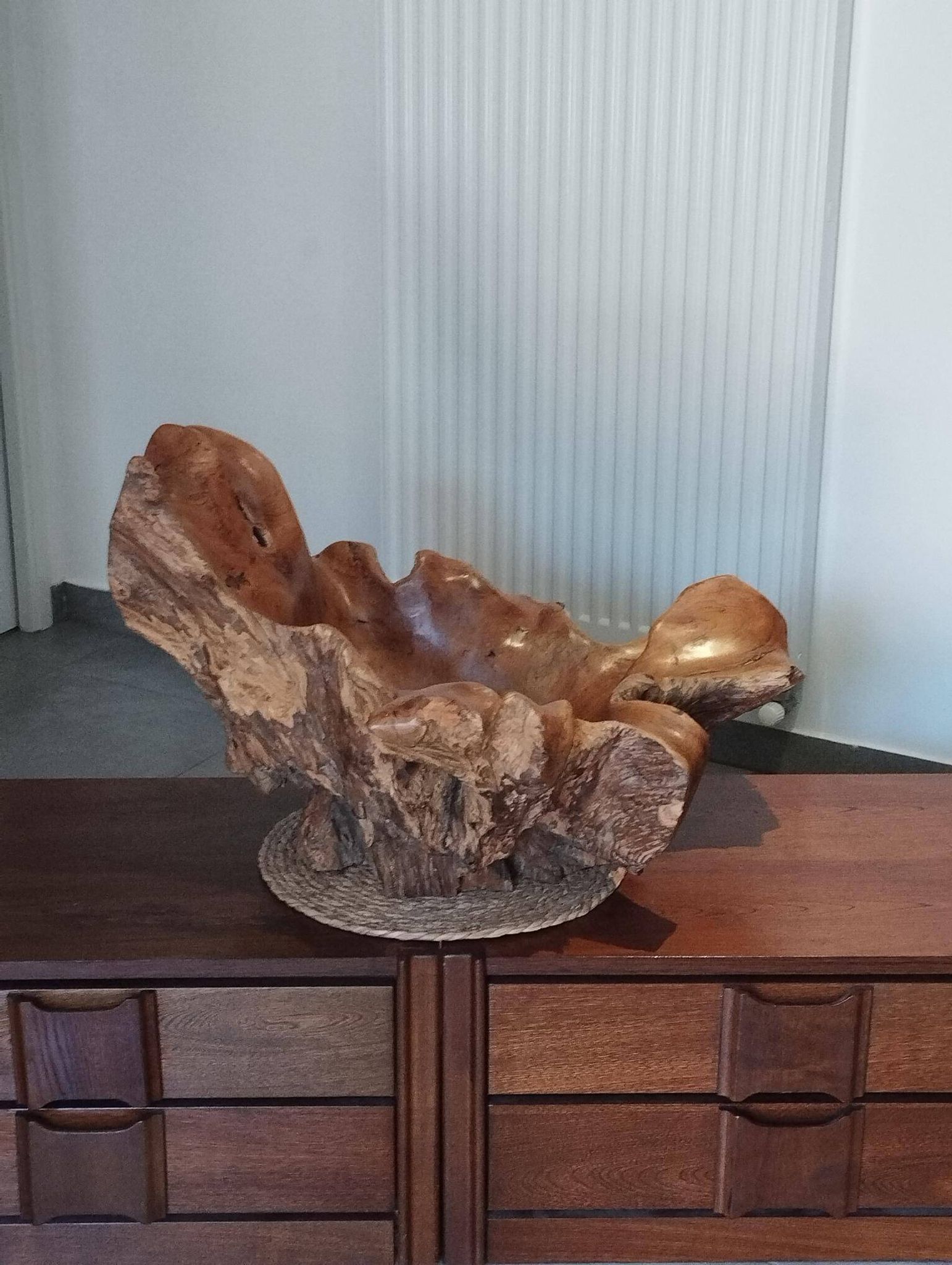 Sculptural wooden centrepiece, organic bowl, brutalist.