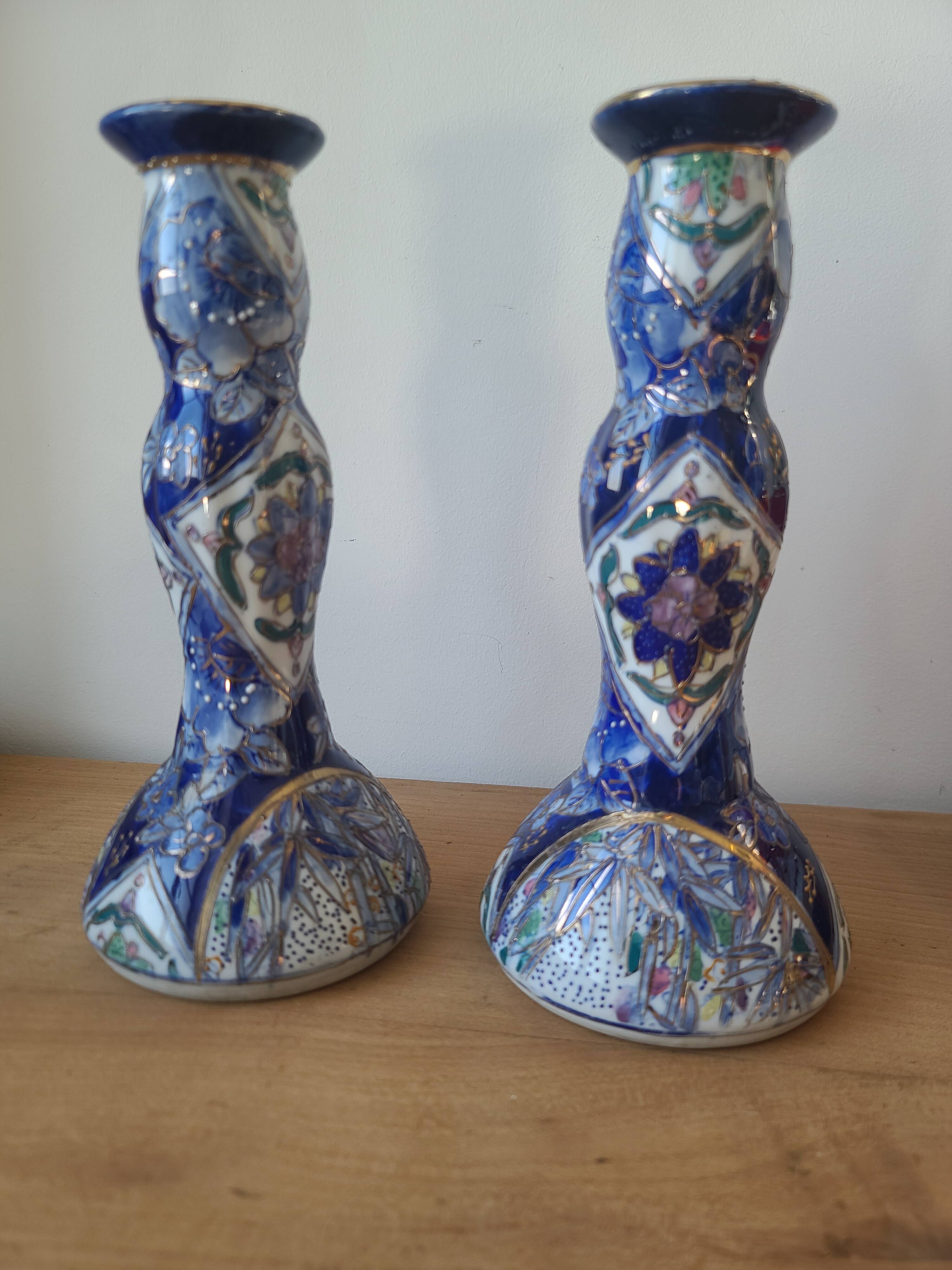 Vintage-style blue and gold floral ceramic candlesticks CHMR