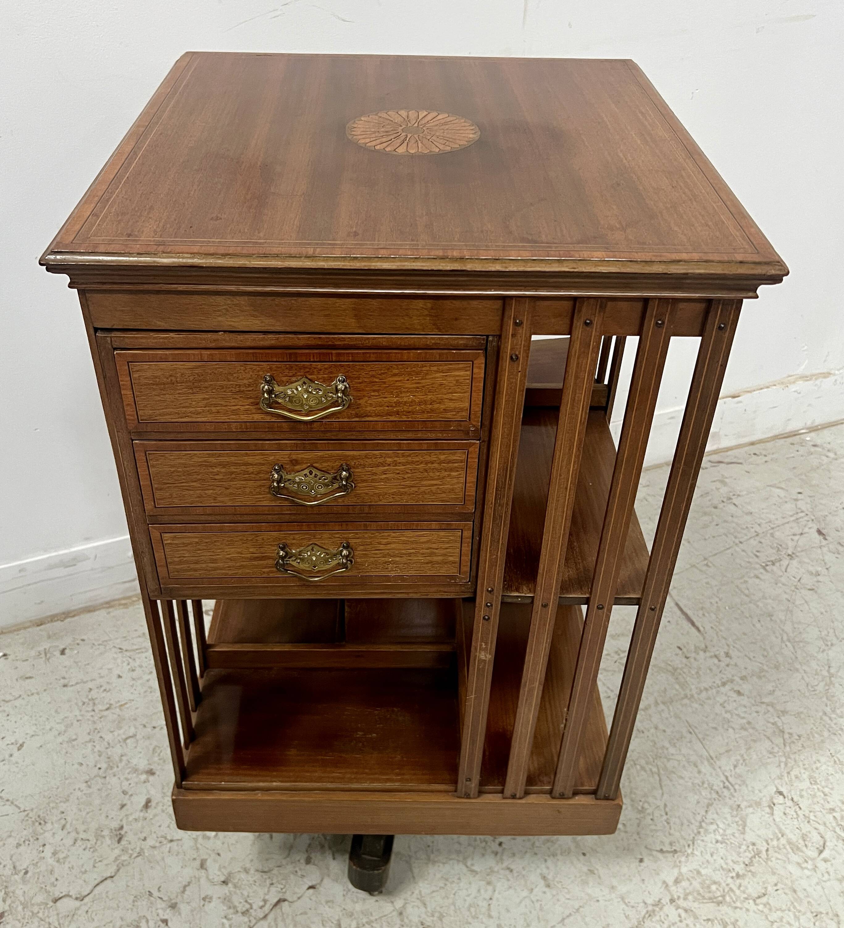20th Century Mahogany Revolving Bookcase with Marquetry Top