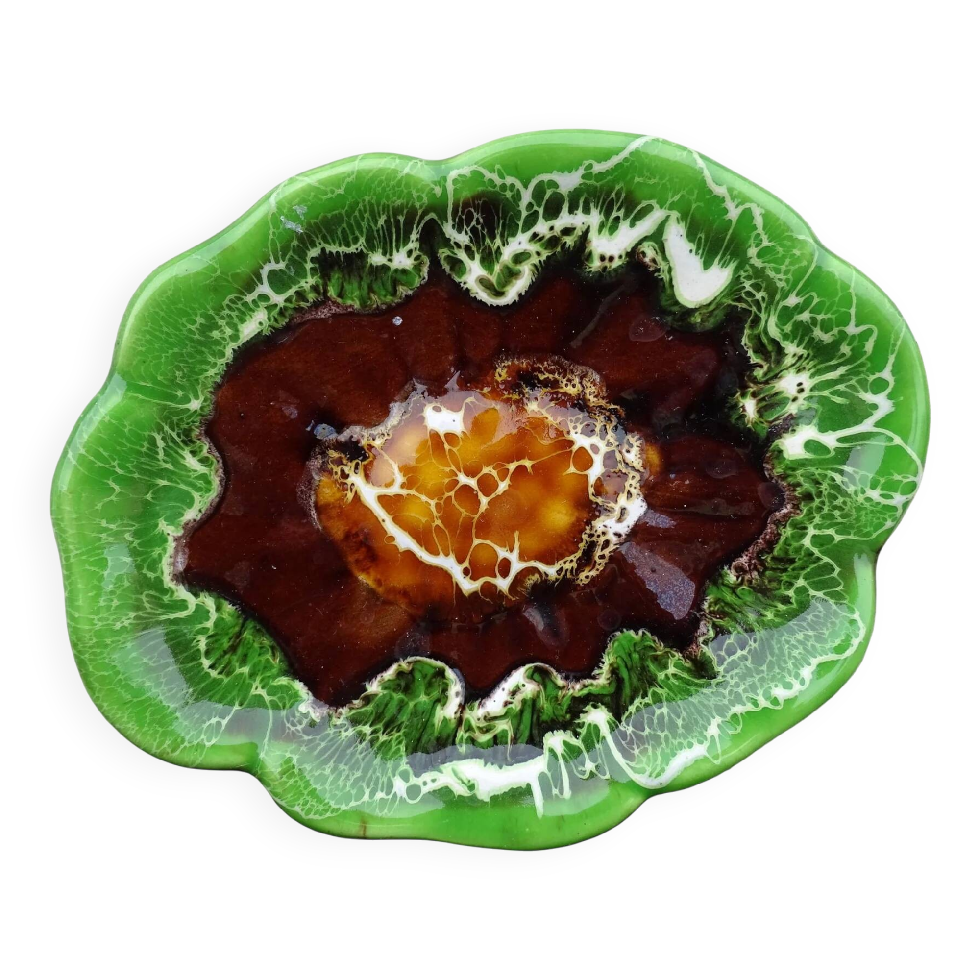 Plat vintage français en faïence de Vallauris à glaçure verte