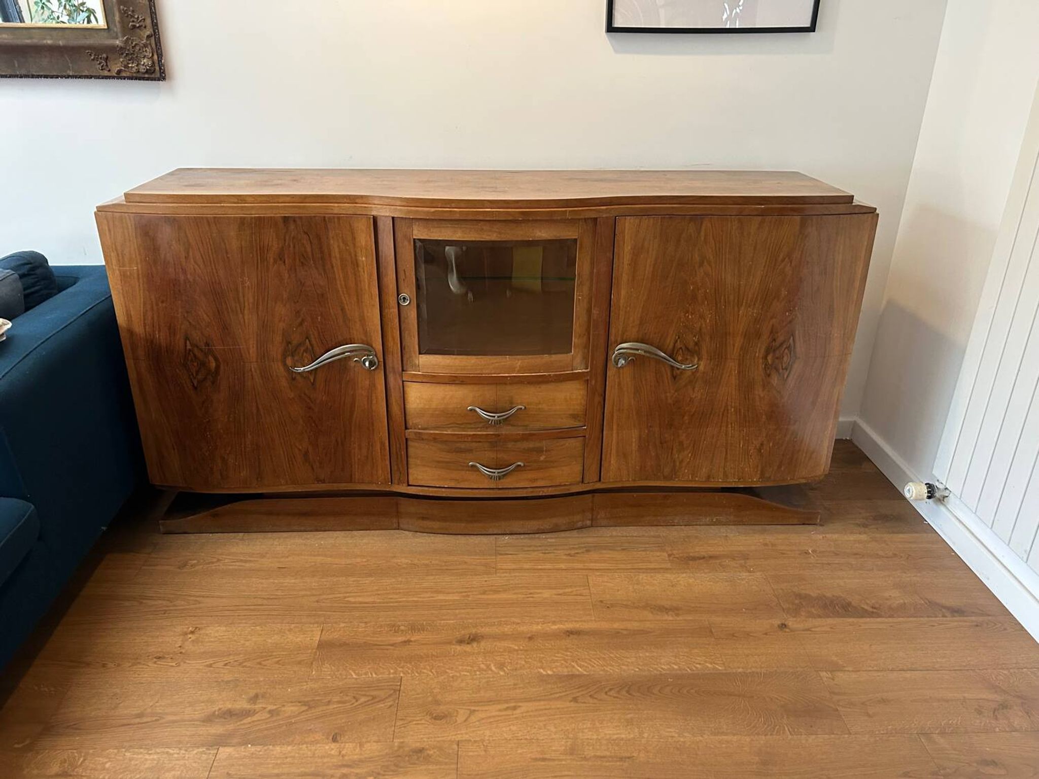 Art deco walnut grand buffet with display cabinet.