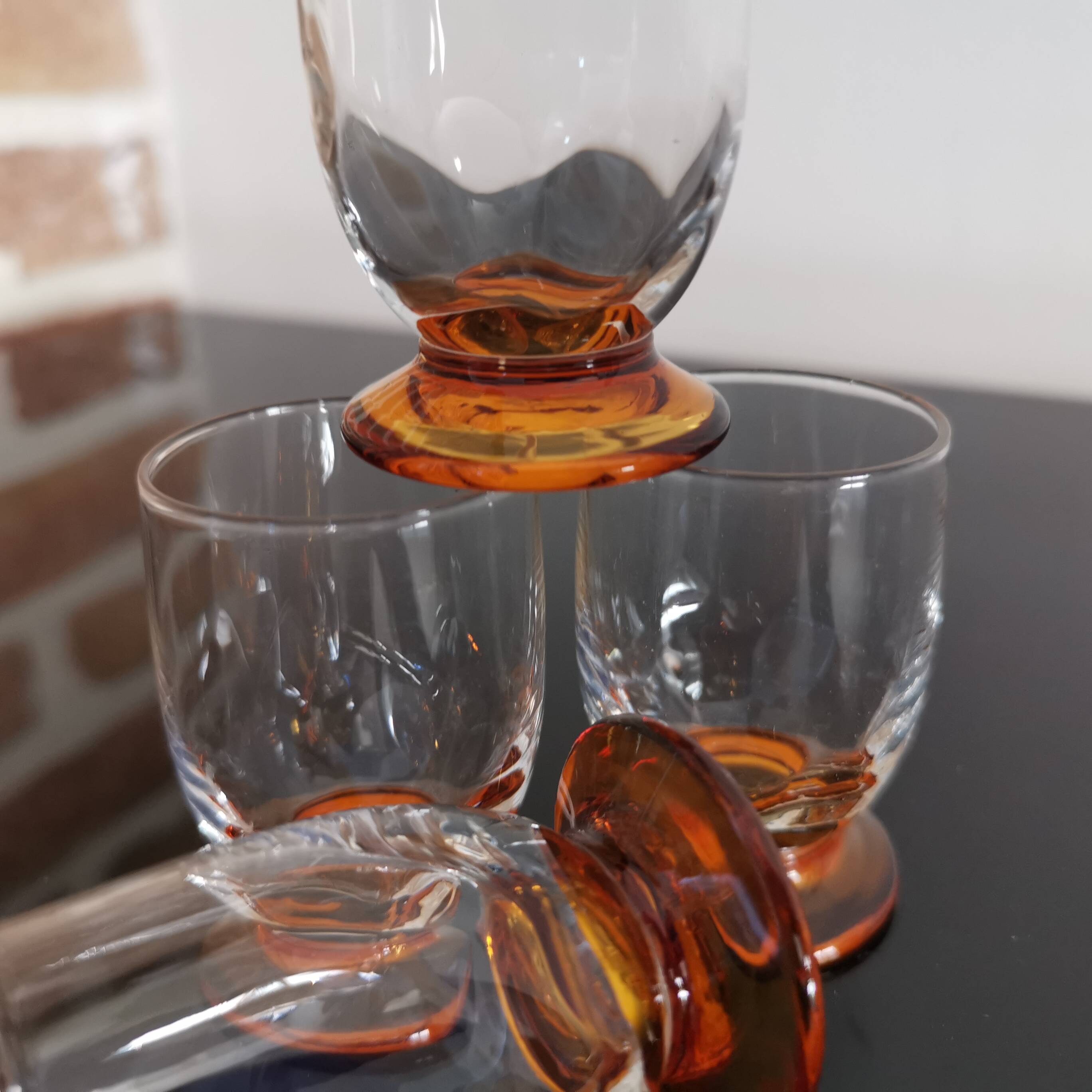 4 digestive/shooter glasses blown 1930 venetian sides and amber feet art-deco